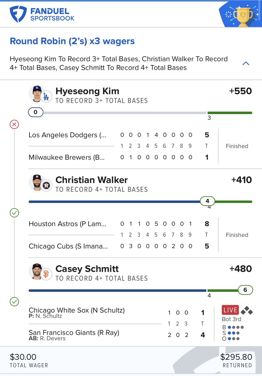 1Propgod's tweet photo. Cash the RR bases lotto 
$30 👉 $295💰

Walker +410✅
&amp; Schmitt +480✅ https://t.co/B4LOsCI2UL