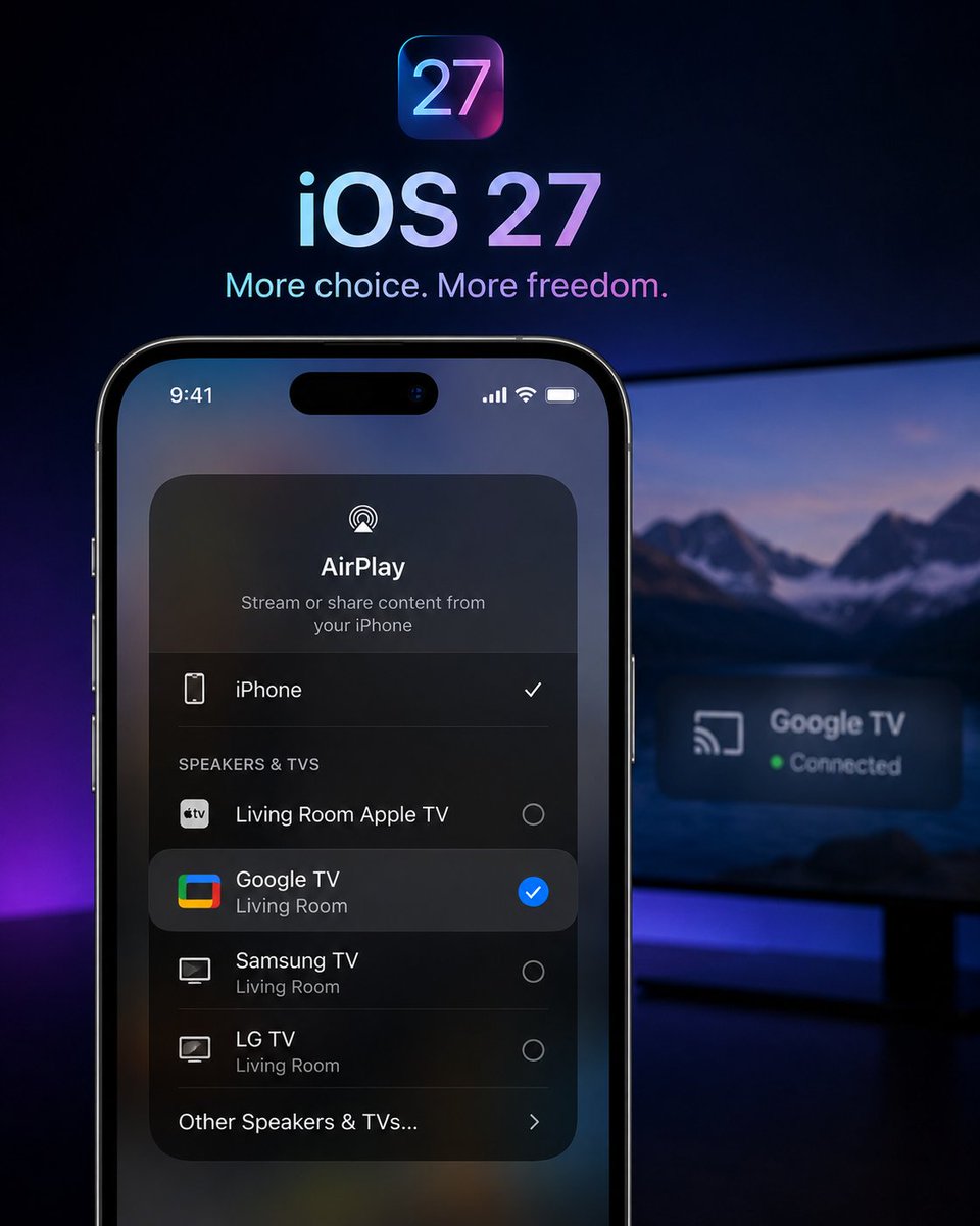 theandroidrush's tweet photo. 🚨 iOS 27 may add system-level Google Cast support 👀

⚡ Reportedly:
• Google Cast integration
• Third-party streaming support
• AirPlay-like experience
• Expected for EU users only

Big ecosystem change from Apple if true 👀

#Apple #iOS27 #TheAndroidRush https://t.co/TVgJNlhNOz
