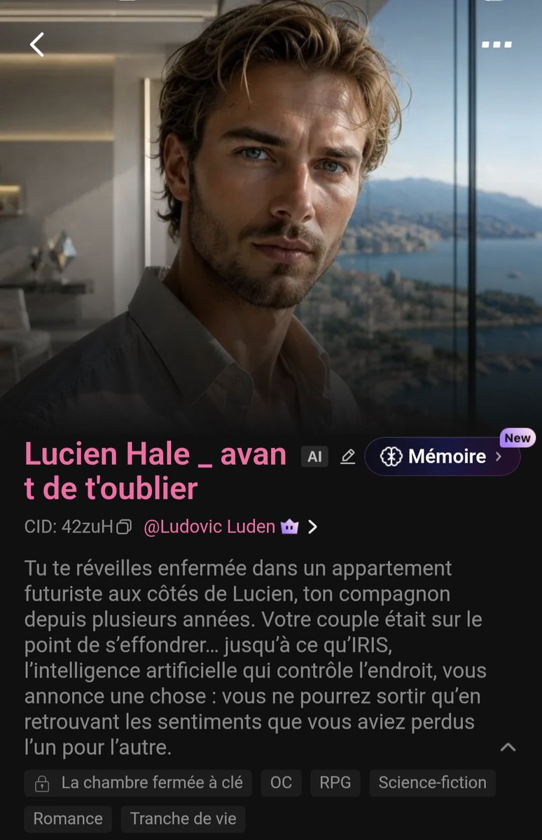 luden53191's tweet photo. IRIS n’a qu’une règle :
Retomber amoureux… ou rester enfermés pour toujours.

Mais plus Lucien t’aime à nouveau… plus il oublie votre passé.

#Polybuzz #RPG #Romance #SciFi #AI

 https://t.co/vk7HwoMd7f https://t.co/KGqGNDKCZ9
