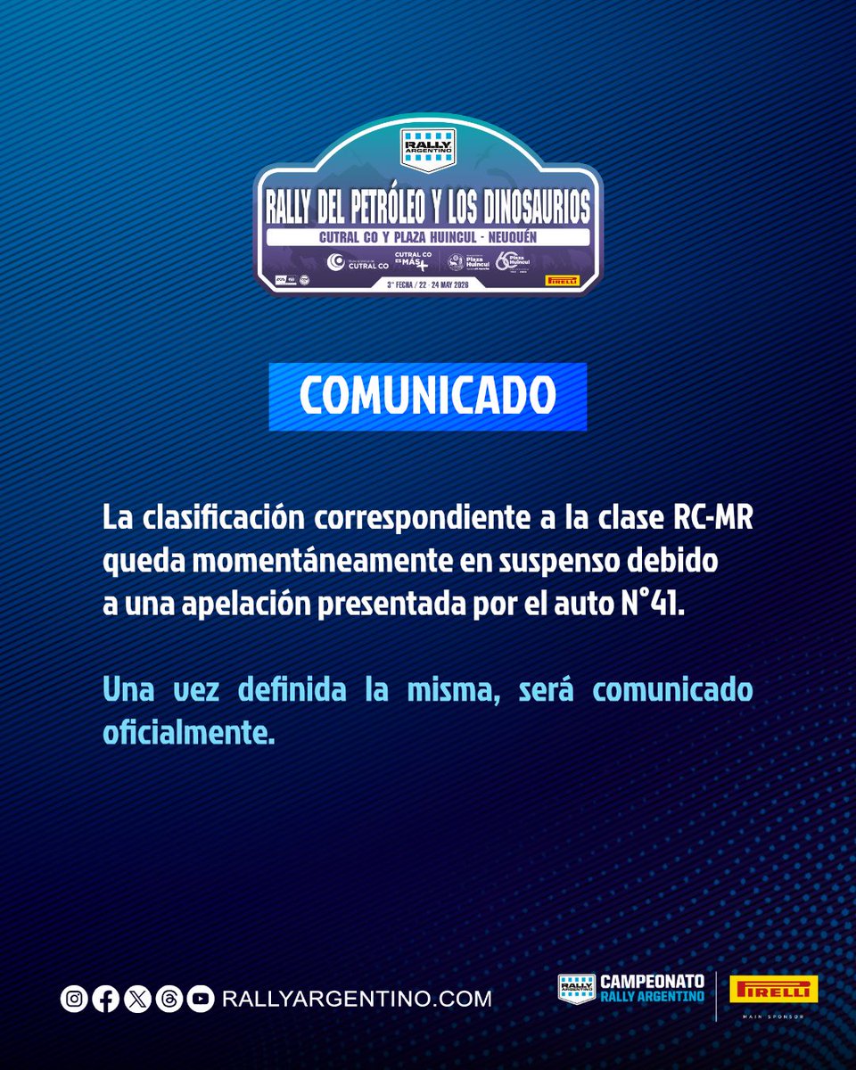 RallyArgentino's tweet photo. ⚠️ COMUNICADO
#RallyArgentino #RallyDelPetróleoyLosDinosaurios #CutralCo #PlazaHuincul #Neuquén https://t.co/LbAnmedz5n