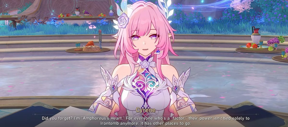 Tired_Yeti's tweet photo. This part is really funny

Cyrene basically took control of everything in Ampho at that moment 😂 she "stole" it from Irontomb, which makes sense as she's the "other core", the Heart of Amphoreus

She basically said "mine", and it resulted in Phai splitting from Irontomb as well https://t.co/fCQiX5JSqg