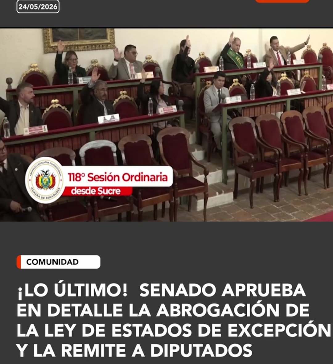 ellamararodrig1's tweet photo. Urgente: ¡Paz planea dictar estado de sitio!
La asamblea acaba de abrogar la ley 1341 (regula estados de excepción), traba que según voceros de Paz les impedía dictar sitio.
¡Pretenden callar al pueblo movilizado a balazos, como en la dictadura de Banzer! https://t.co/s0VasgaiT1