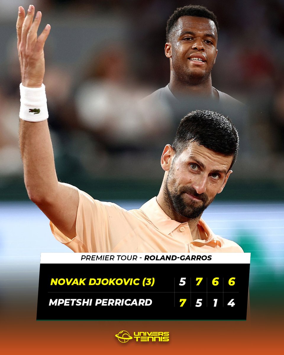 UniversTennis's tweet photo. DJOKOVIC REMPORTE LA PREMIÈRE NIGHT SESSION À #ROLANDGARROS

Pour sa 22e participation consécutive, Novak Djokovic élimine Giovanni Mpetshi Perricard 🇫🇷 en quatre sets et se qualifie pour le deuxième tour. 🔥🇷🇸

Il affrontera un autre Français : Valentin Royer. ⚔️