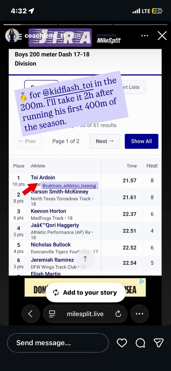 ToiArdoin's tweet photo. Szn opener for summer track and also tried some new events this week with no blocks 
🥇100m-10.56
🥇200m-21.57
400m- 50.04
Lj-21,5 https://t.co/bPEIGoH45l