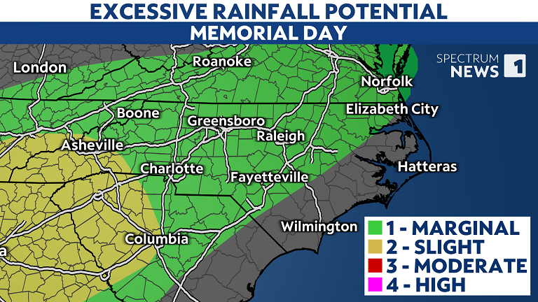 tommeinerstv's tweet photo. Even though we're still in a drought, there's a marginal to slight risk for excessive rainfall to cause flash flooding on Memorial Day. 
Some showers will be falling in the morning but more are expected in the afternoon and evening. https://t.co/4UTjukTEdM #ncwx #WeatherOnThe1s https://t.co/MsmaLgRAv3