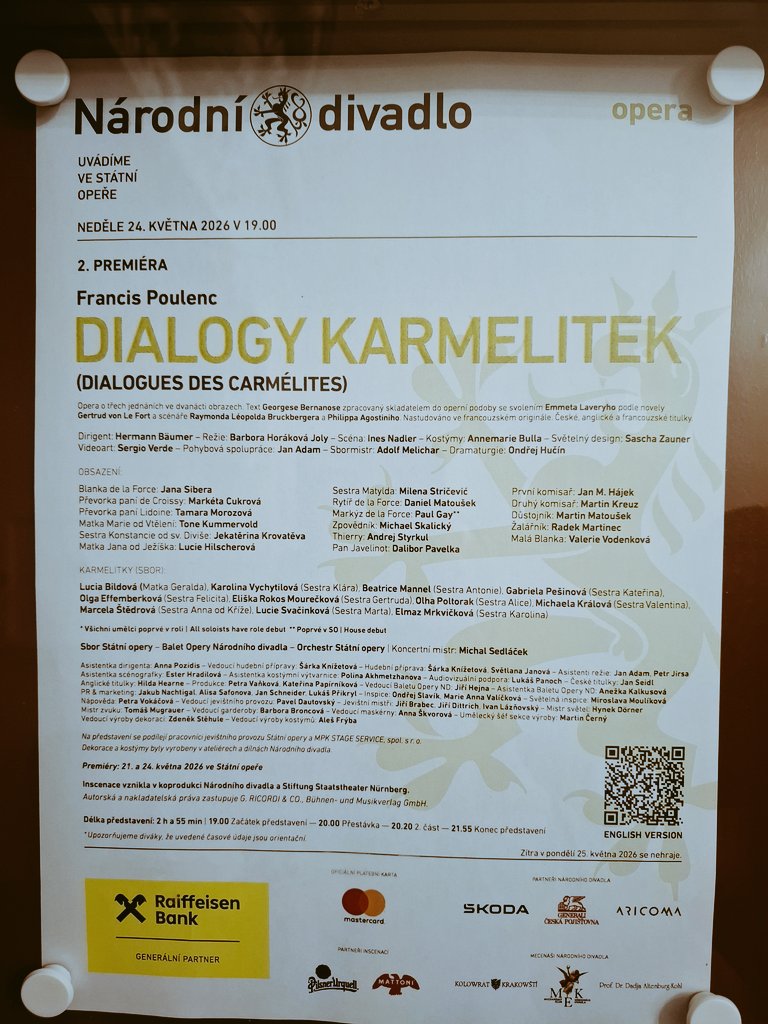 MarianSekerak's tweet photo. Tonight I enjoyed the breathtaking second premiere of #Poulenc's magnificent Dialogues des Carmélites. My third encounter with the work on stage, yet paradoxically the first original (!) production at #Prague's State Opera. 🎼🎵🎶 https://t.co/3JuaOwclvT
