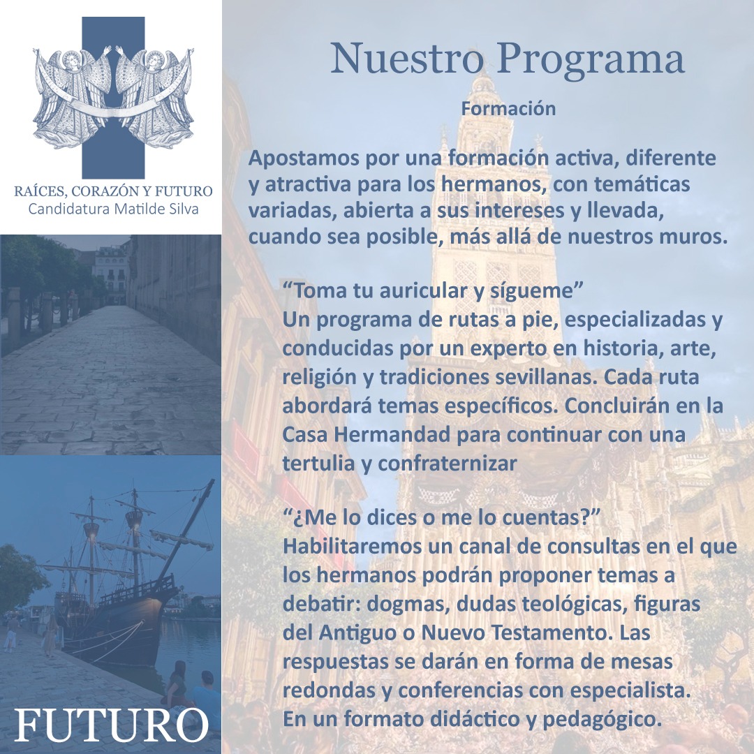 matildesilvarob's tweet photo. PROGRAMA | Medidas pensadas para engrandecer nuestro FUTURO.
Soñamos con una hermandad renovada y con un potente programa formativo. Apostamos por cuidar los cultos, agilizar la gestión administrativa y renovar la comunicación. ⬇️
#raicescorazonyfuturo 
#TDSCofrade 
#TDScofrades https://t.co/4rFOYiVTk3