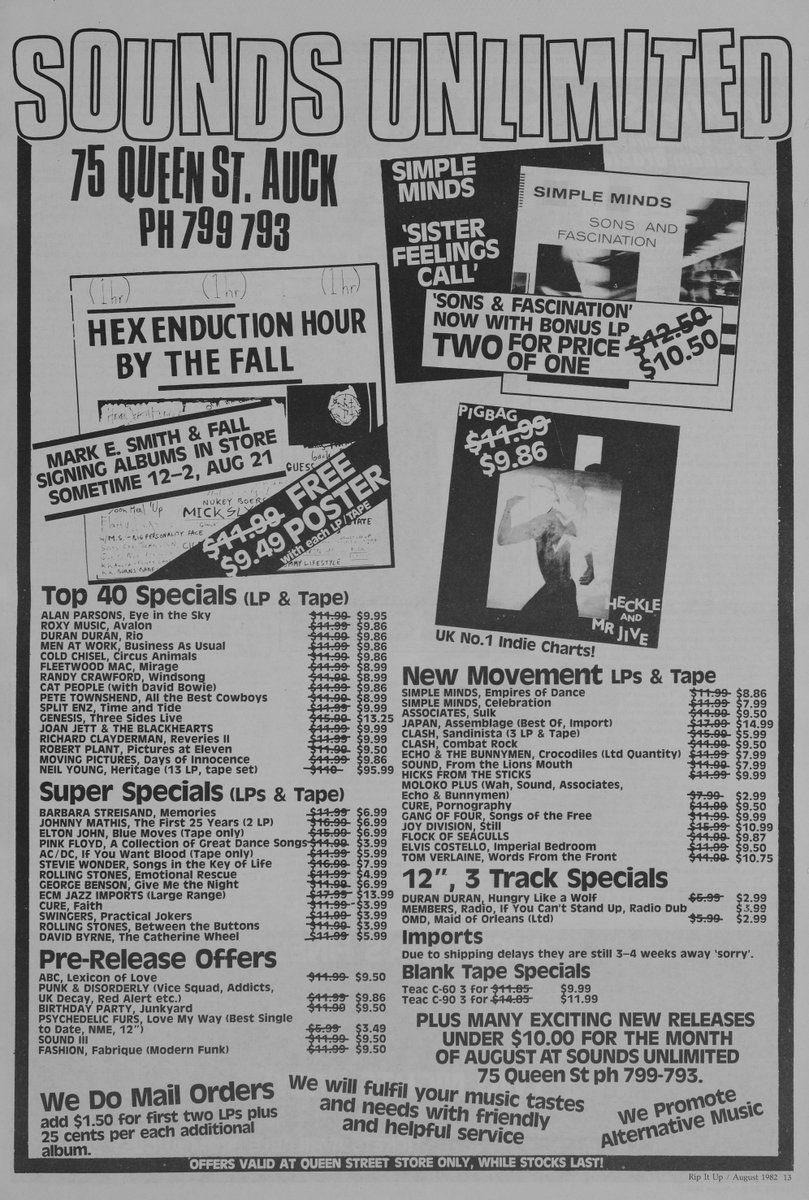 pointthatthing's tweet photo. From the NZ Papers Past 'Rip It Up' magazine archive: August 1982 ad for Sounds Unlimited Records. Mark E. Smith &amp; The Fall signing albums in store, sometime 12-2 August 21! Hex was $11.99 now $9.49 ! Free Hex poster with each LP or tape! @fallfuturepast @hanleyPa @Stephenhanley6 https://t.co/5NuNVoSz7L