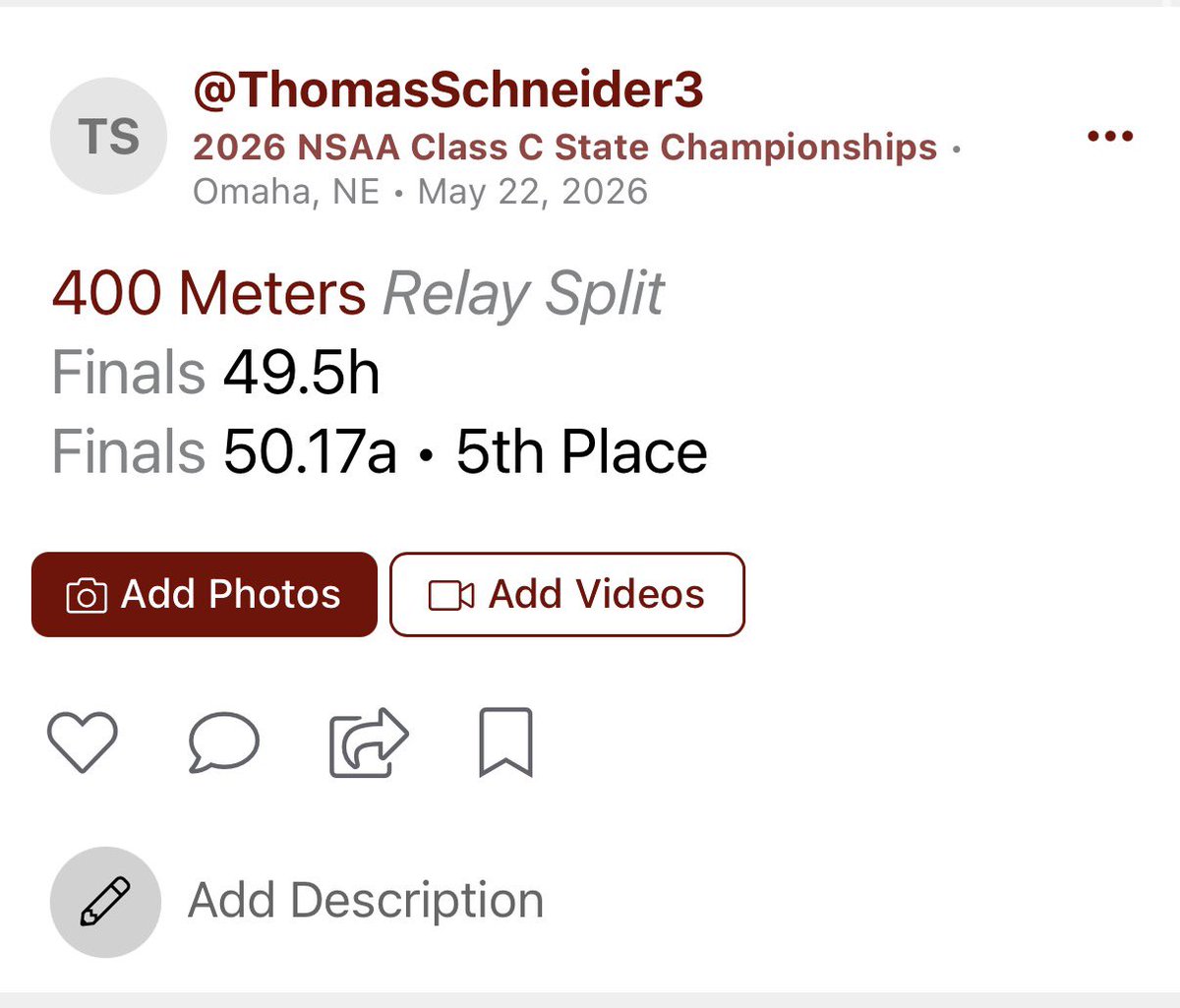 schneid09_t's tweet photo. Amazing track season couldn’t have asked for a better weekend!! 
State Class C meet 
400m - 50.17 5th place  
4x1 - 42.50 🥈2nd    First Leg
(School Record)
4x4 - 3:23.78 🥇1st    Second Leg
(School Record) 49.5 Split 
@oleballcoach1 @PrepRedzoneNE https://t.co/G0YcuP7tlm