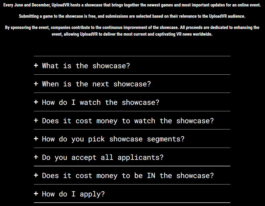 UVRShowcase's tweet photo. Have questions about The UploadVR Showcase - Summer 2026? Head to our FAQs page or send over an email to marketing@uploadvr.com https://t.co/YuomAAwZkq https://t.co/hXAZWTVLAI