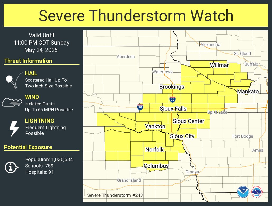 NWSTwinCities's tweet photo. A severe thunderstorm watch has been issued for parts of Iowa, Minnesota, Nebraska and South Dakota until 11 PM CDT https://t.co/pABeoL8NKI