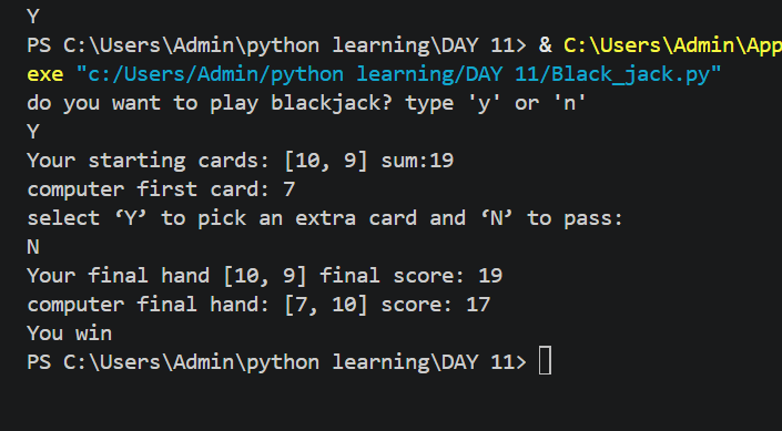 SamX12345's tweet photo. Day 11 of my #100daysofcode I created the blackjack game today but it was fun #python #coding #programming https://t.co/yiuhrMBrP2
