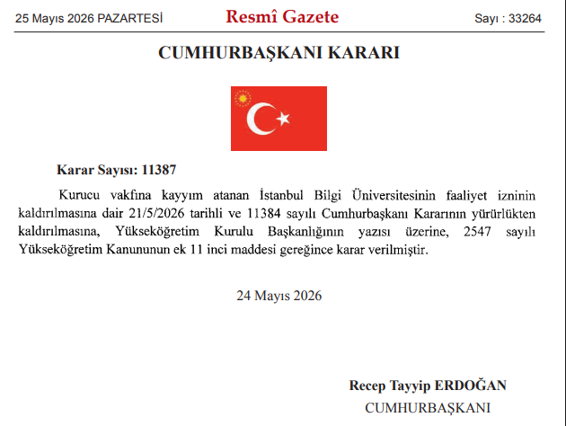 ZeynetiBAYRI's tweet photo. Bilgi Üniversitesinin faaliyet izninin kaldırılması konusundaki Cumhurbaşkanı kararının  yürürlükten kaldırılmasına Cumhurbaşkanı tarafından karar verilmiştir.
#ResmiGazete
#BilgiDireniyor https://t.co/q29tQaFmzh