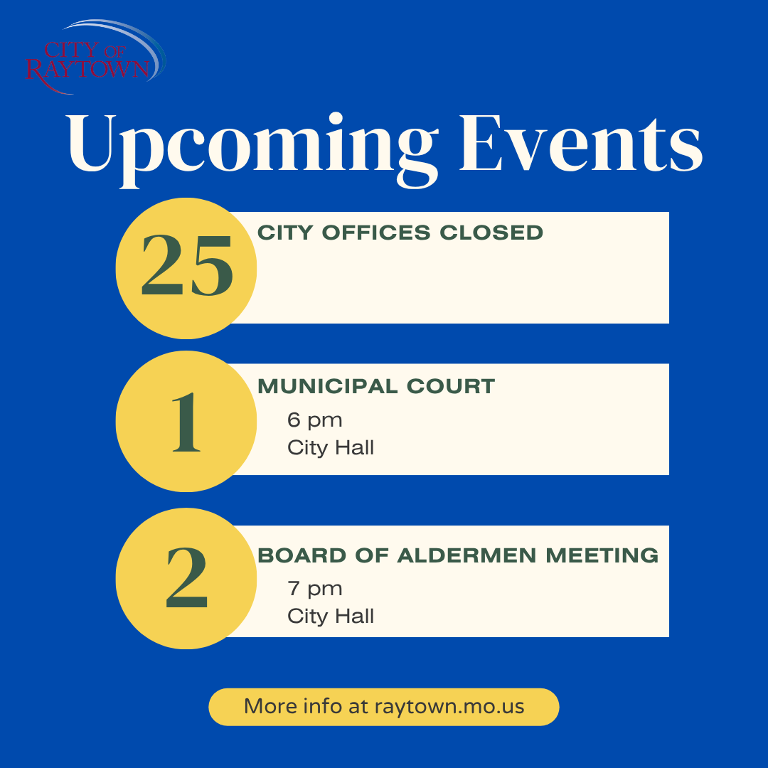 CityofRaytown's tweet photo. This week:
Mon - City offices closed in observance of Memorial Day

Upcoming
June 1 - Court
June 2 - Board of Aldermen meeting, agenda available May 29
June 3 - Court

#Raytown https://t.co/5lcErzi16b