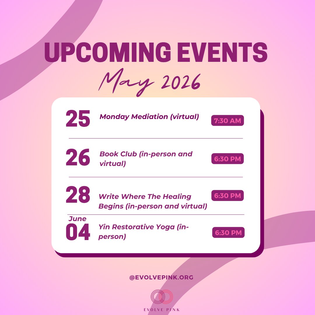 EvolvePink's tweet photo. ✨💗 A new week of connection, creativity, inspiration, and community is here at Evolve Pink!

Join us for Book Club, writing, meditation, and restorative yoga this week 🌿

👉 https://t.co/tqeDSyJydP

#EvolvePink #RiseShineBecome #BCSM #HealingTogether #BreastCancer https://t.co/aR4csK2H9M