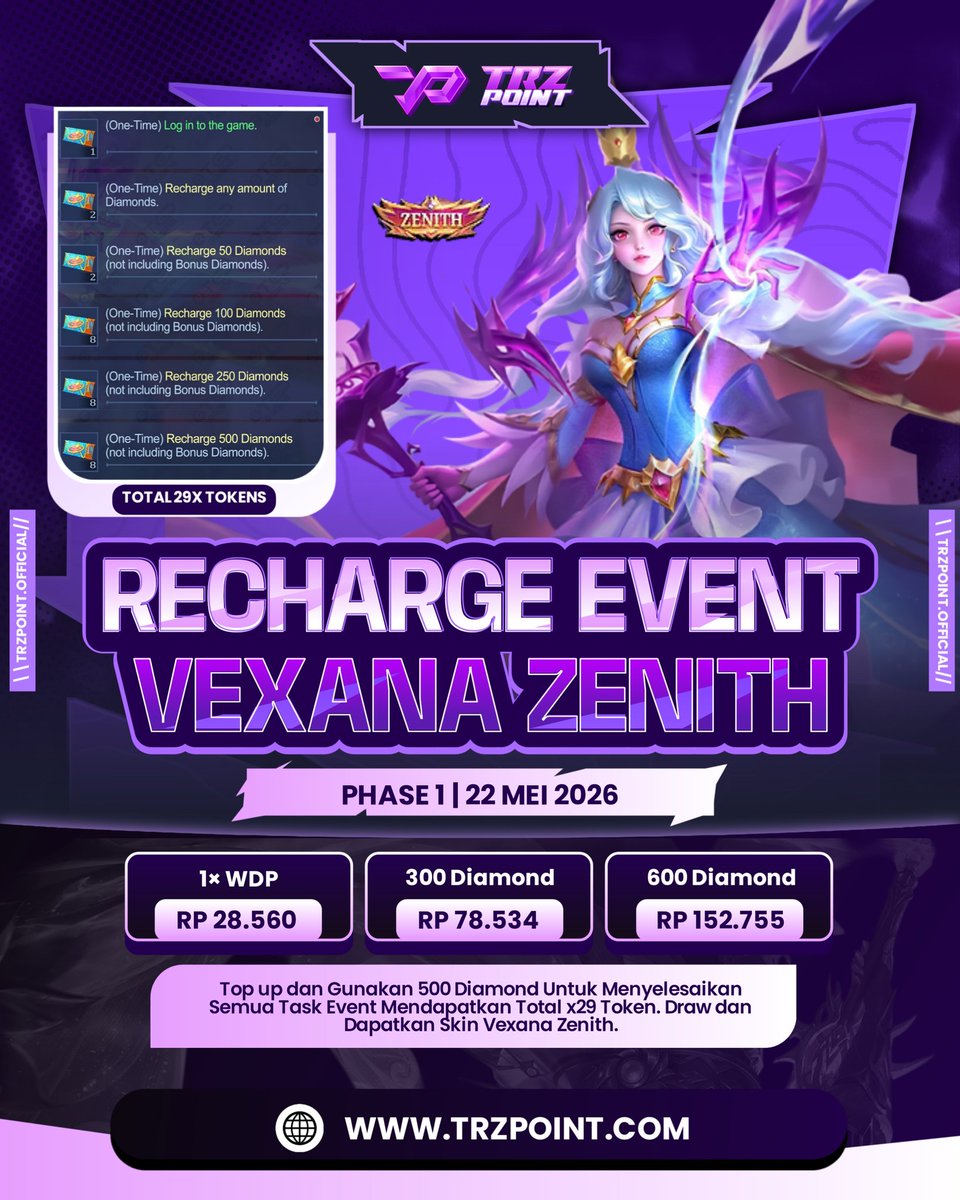 TrzPoint's tweet photo. ✨ Recharge Event Vexana Zenith Phase 1 resmi hadir! 🔥
Kumpulkan token dari misi recharge dan raih kesempatan mendapatkan skin Vexana Zenith yang elegan dan memukau 🌌
Event spesial yang wajib diburu player MLBB 💫
#trzpoint #mobilelegends #vexanazenith #rechargeevent #topupmlbb https://t.co/Q0mJrlz6Xy