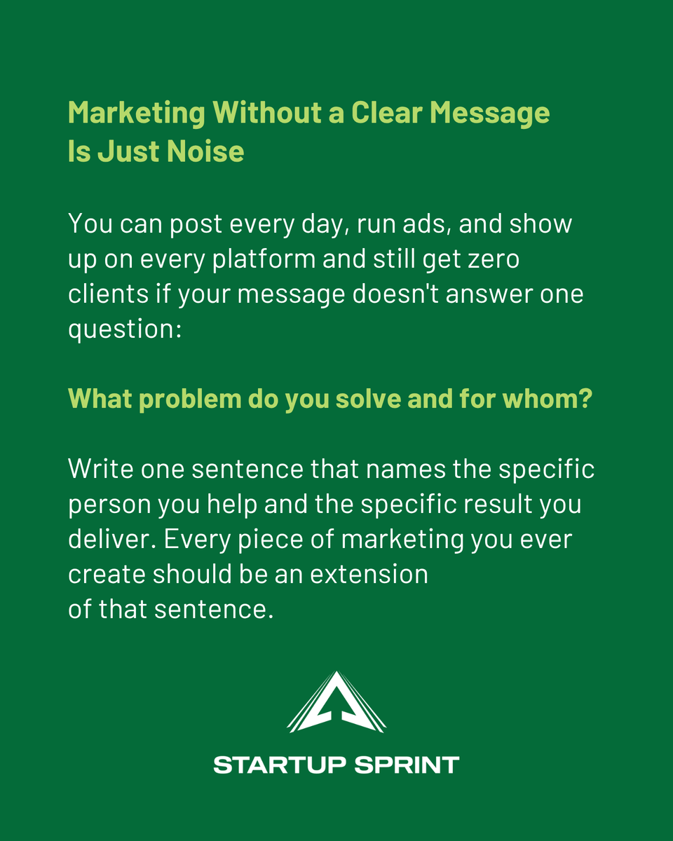 StartupSprintHQ's tweet photo. Marketing without a clear message is just noise. You can post daily, run ads, and stay visible, but still get zero clients if people don’t understand what you do. Answer this clearly: what problem do you solve, and for whom? Clarity converts. Noise doesn’t. https://t.co/nZX47JA8Ps