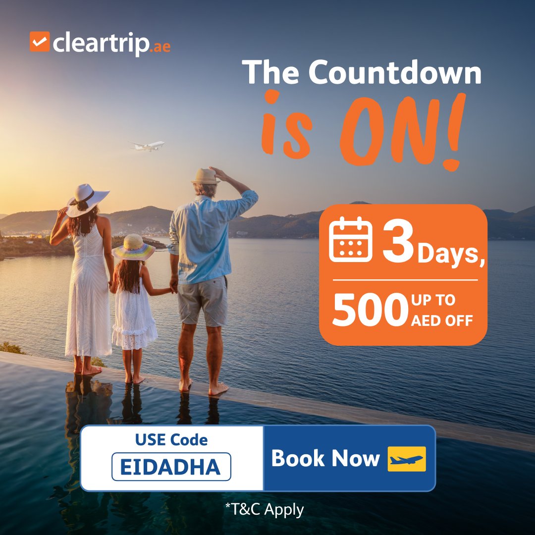 CleartripAE's tweet photo. Days flew by and you still haven't booked for Eid? There's still time 🧡
Code EIDADHA saves you up to AED 500 on your international flight.
Book now before the offer ends ✈️ https://t.co/QCcxDFRbv7