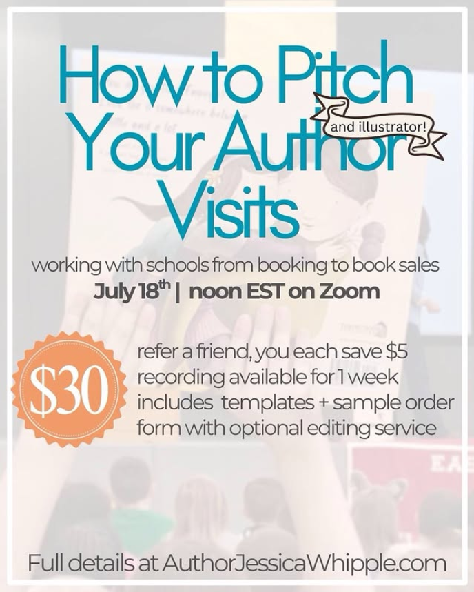Jessicawhippl17's tweet photo. My "How to Pitch Your Author and Illustrator Visits" webinar is scheduled for July 18th at noon EST on zoom. For full details, visit my website under Help for Writers. 

I'm also hosting "How to Talk to Booksellers" this summer (next post). https://t.co/QXrx8xkymY