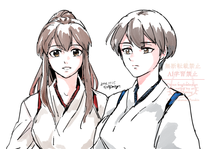 赤城(艦隊これくしょん) ,加賀(艦隊これくしょん) 「超大昔の絵を見ると、このヘアスタイルの一航戦で何かを描こうとしていたようですが、」|うざきたかまる🍳万能職⑥巻発売中！のイラスト