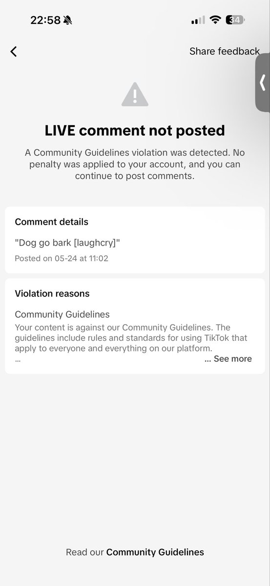 CrypticDnaa's tweet photo. @TikTokSupport you need to get rid of your AI moderation before it bans innocent people my comment “Dog Go Bark 😂” near cost me my tiktok. https://t.co/lpa5oyOFtg