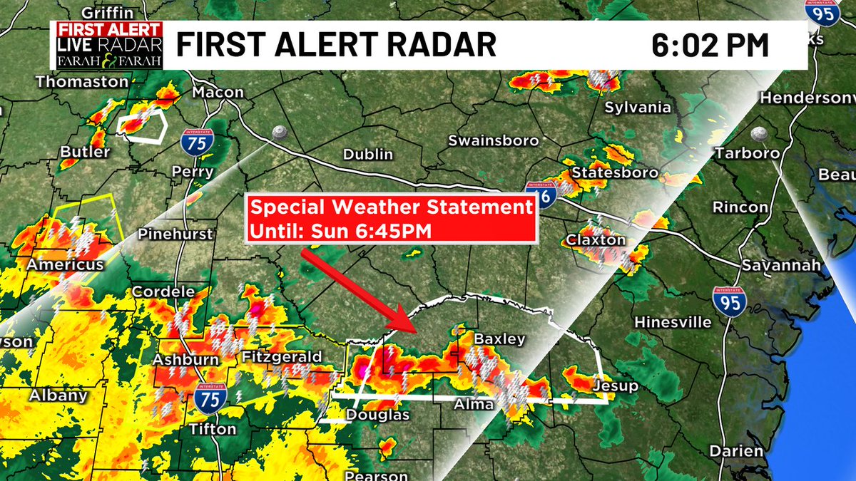 WtocDave's tweet photo. Strong line of storms from Jesup to Denton.  Wind gusts to 45 mph possible along with heavy rain as storms move north about 15mph. https://t.co/ih53ByZUbL