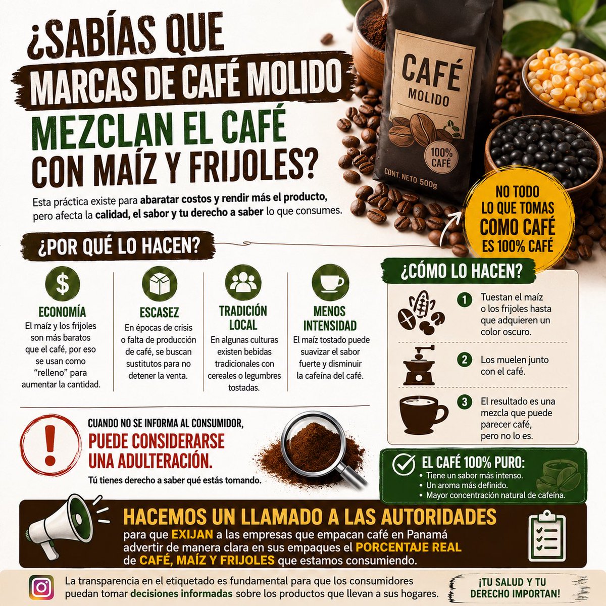 AlvaroAlvaradoC's tweet photo. ¿Sabías que algunas marcas de café molido mezclan el café con maíz y frijoles? Aunque para muchos consumidores esto puede resultar sorprendente, esta práctica ha existido durante años en distintos países, principalmente como una forma de abaratar costos o rendir más el producto.

Expertos explican que el maíz y algunos granos, como los frijoles, pueden ser tostados y molidos hasta alcanzar una apariencia similar a la del café. Luego son mezclados con el café puro, alterando su sabor, aroma y calidad.

En algunos casos, estas mezclas forman parte de tradiciones populares o recetas artesanales; sin embargo, cuando no se informa claramente al consumidor, la práctica puede considerarse una adulteración del producto.

El café 100% puro suele tener un sabor más intenso, un aroma más definido y mayor concentración natural de cafeína. Por eso, especialistas recomiendan revisar las etiquetas y verificar que el empaque indique claramente que se trata de café puro.

Hacemos un llamado a las autoridades para que exijan a las empresas que empacan café en Panamá advertir de manera clara en sus empaques el porcentaje real de café, maíz y frijoles que están consumiendo los panameños. La transparencia en el etiquetado es fundamental para que los consumidores puedan tomar decisiones informadas sobre los productos que llevan a sus hogares.

La próxima vez que prepares una taza de café, quizás valga la pena preguntarse: ¿estás tomando café auténtico o una mezcla disfrazada?