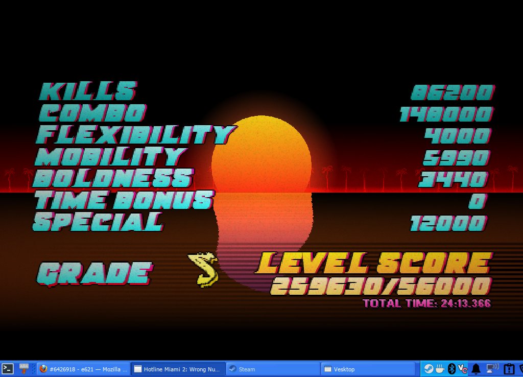 PascalCatfish's tweet photo. Despite a setback with save file corruption, I have S-ranked all the levels in Hotline Miami 2. I will take my time with Hard mode but not gonna try for high ranks with that (Pictured: scores for Takeover and Abyss) https://t.co/RyMGbM2bfE