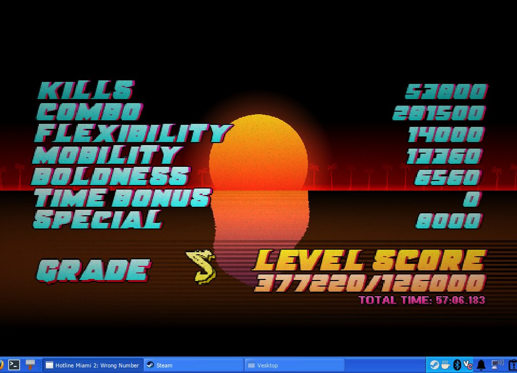 PascalCatfish's tweet photo. Despite a setback with save file corruption, I have S-ranked all the levels in Hotline Miami 2. I will take my time with Hard mode but not gonna try for high ranks with that (Pictured: scores for Takeover and Abyss) https://t.co/RyMGbM2bfE