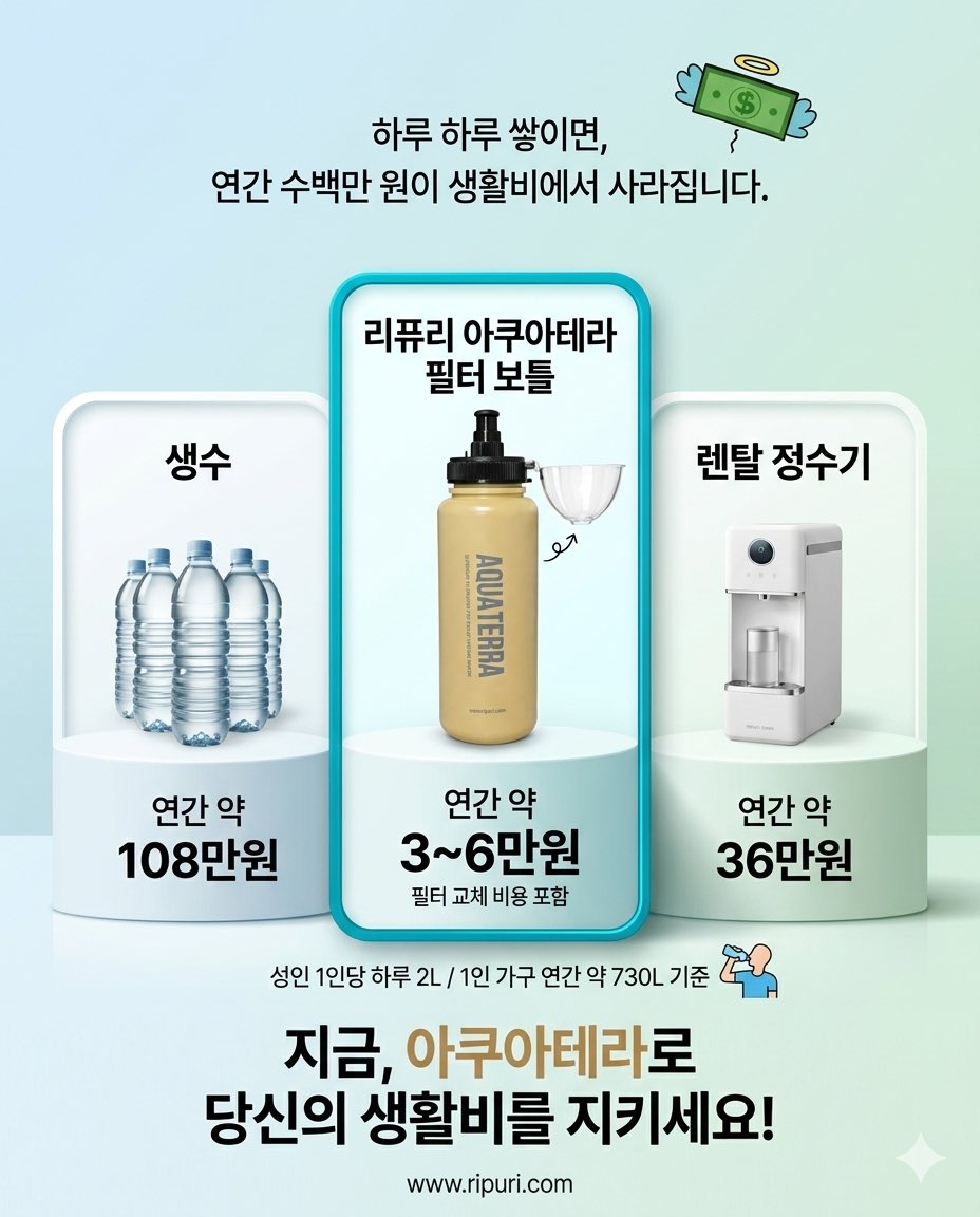 RIPURI8's tweet photo. 기후변화시기에 리퓨리가 도움이 되기를 바라며 널리 알려주세요.

1 "매년 생수 사는데 108만 원씩 버리실 건가요? 리퓨리 아쿠아테라는 1년에 단 3~6만 원으로 압도적인 비용 절감을 선물합니다."

2 "무거운 생수병을 나르고 분리수거하는 번거로움 없이, 텀블러 하나로 언제 어디서나 가장 안전하 https://t.co/2aRq9SrgzP