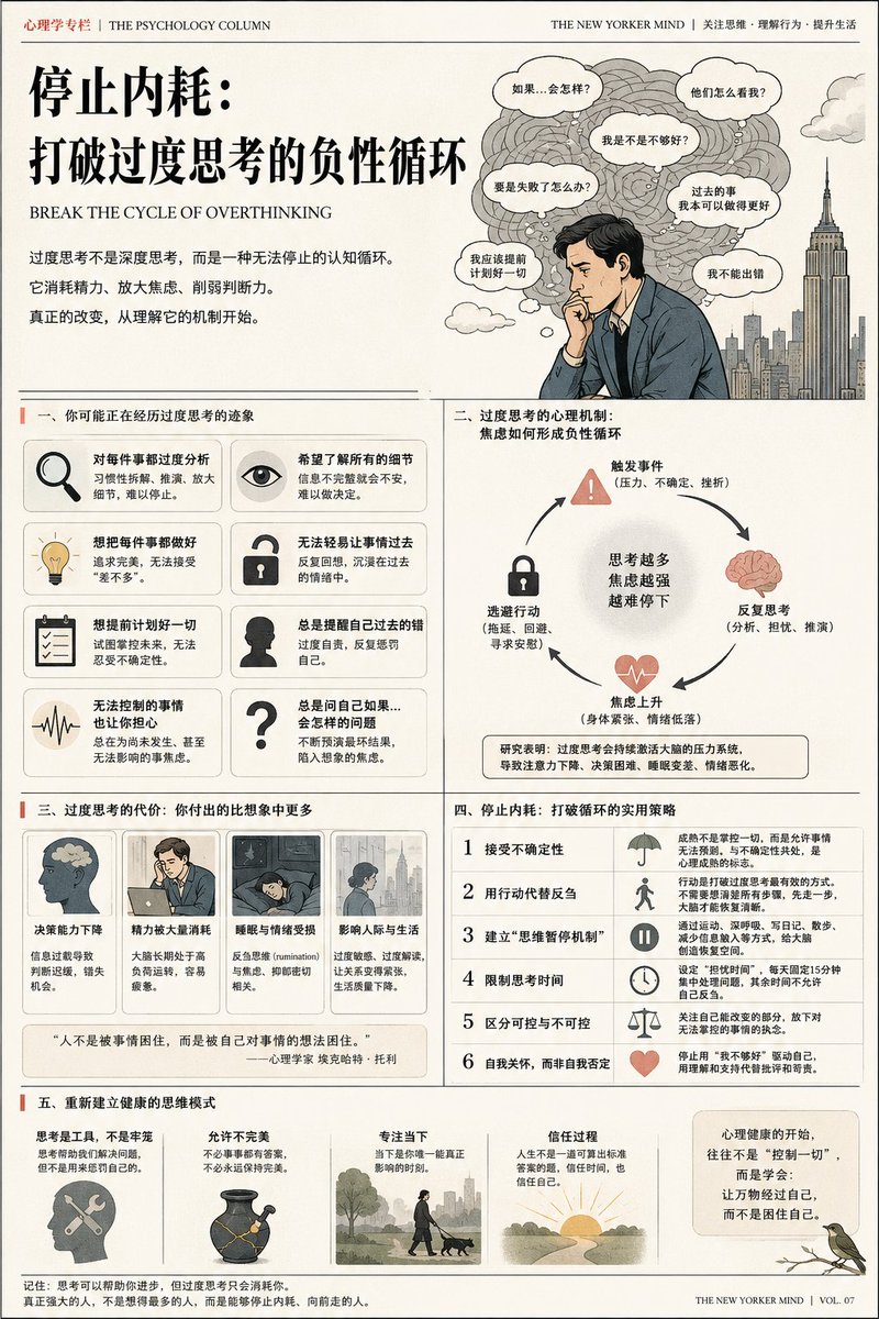 HotmailfromSH's tweet photo. 「停止内耗：打破过度思考的负性循环」

很多人以为，自己只是“想得比较多”。但心理学上有一个更准确的词叫“过度思考”Overthinking。

它并不等于“深度思考”，而是一种不断重复、无法停止的认知循环。你反复回忆过去、担忧未来、推演细节，仿佛只要再多想一点，就能避免错误、掌控人生。

但结果往往恰恰相反……你越想，越焦虑；越焦虑，越停不下来。

最终，大脑像一台过热的机器，明明什么都没发生，却已经筋疲力尽……
