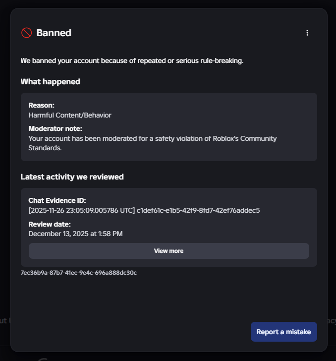 iconsumepizza's tweet photo. Hi everybody, this is my ban if you're ever wondering. (child exploitation was the original ban but they changed it to harmful content/behavior) @Roblox https://t.co/nu2Ekwm8ar