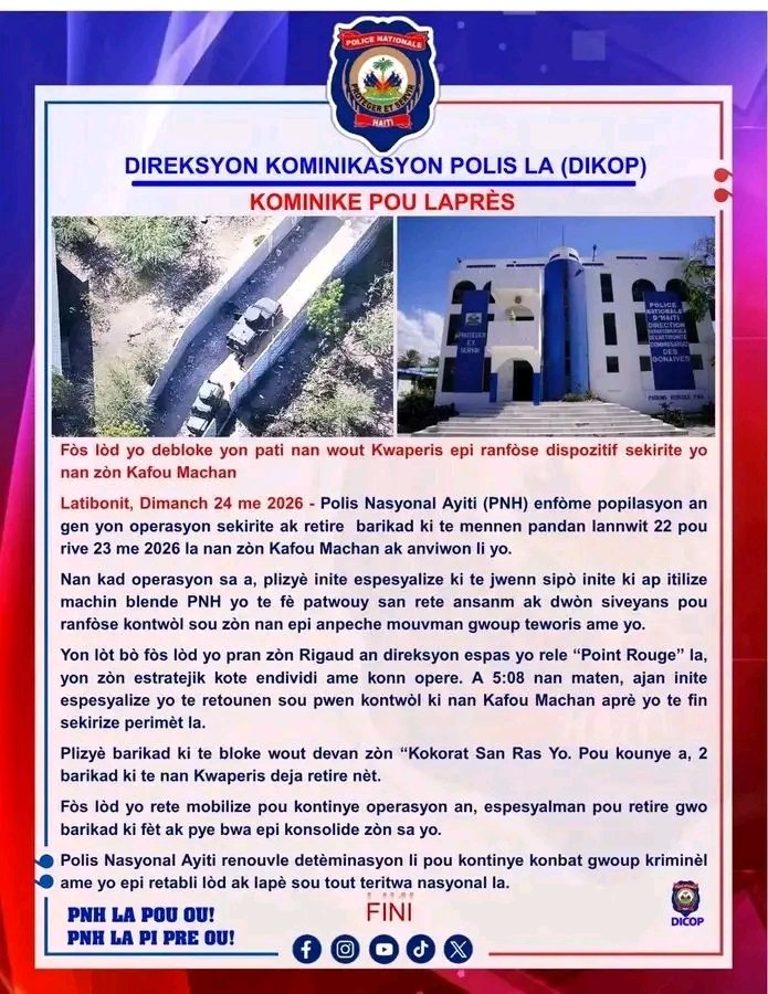 altitudeinfo01's tweet photo. Fòs lòd yo kontinye montre detèminasyon nan batay pou retabli sekirite nan Latibonit. PNh deja debloke wout lakwa peris epi ranfòse dispozitif sekirite nan zòn Kafou Machan se yon pa enpòtan pou fasilite sikilasyon ak pwoteje popilasyon an. https://t.co/vkk2mfCex1