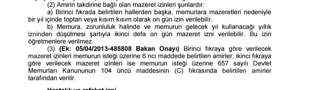 CetkinGulay's tweet photo. Bir doktorun "öğretmenler sürekli rapor istiyor" paylaşımını üzülerek okuduk. Ancak bizi üzen doktor mu, amirler mi? 
Milli Eğitim Bakanlığı İzin Yönergesinde aşağıdaki görselde görüleceği üzere mazeret izni, "amirin takdirine bırakılan" izinler kısmında yer almış. Bu da yolu "paşa gönüllerden" geçiriyor doğal olarak. 10 gün hakkı var mı? Var. Ek dersi kesiliyor mu? Kesiliyor. Durduk yere neden izin alsın o zaman?  Veya şöyle sorayım "rapor al uğraştırma bizi" denirken uğraşma olayı nedir?
Rapor alınca öğretmen mazeret izninden farklı olarak okula mı geliyor? Onu da anlamış değiliz. 
Bunu diyenler uhdesindeki personeli suça sürüklemiş olmuyor mu? 
Mazeret izni HAKTIR! Keyfiyete maruz bırakılamaz. 
Personeline rapor tavsiyesinde bulunan amir suça sürükleyen, suça sebebiyet veren kişi olmus olur. Hele o istedigine istedigi sekil jestler olayina girmiyorum. 
Bu konuda gerekli hassasiyetin gösterilmesi elzem bir konu haline gelmiştir. 
@tcmeb @Yusuf__Tekin