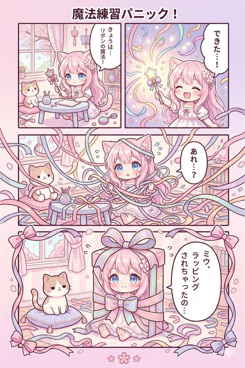 MoelleuxMew's tweet photo. 🎀 魔法練習パニック!
リボンの魔法を練習したら、
なぜかミウがラッピングされちゃったの…🎁
#ChibiMiu #猫耳 #漫画 https://t.co/8FhPHiafwt