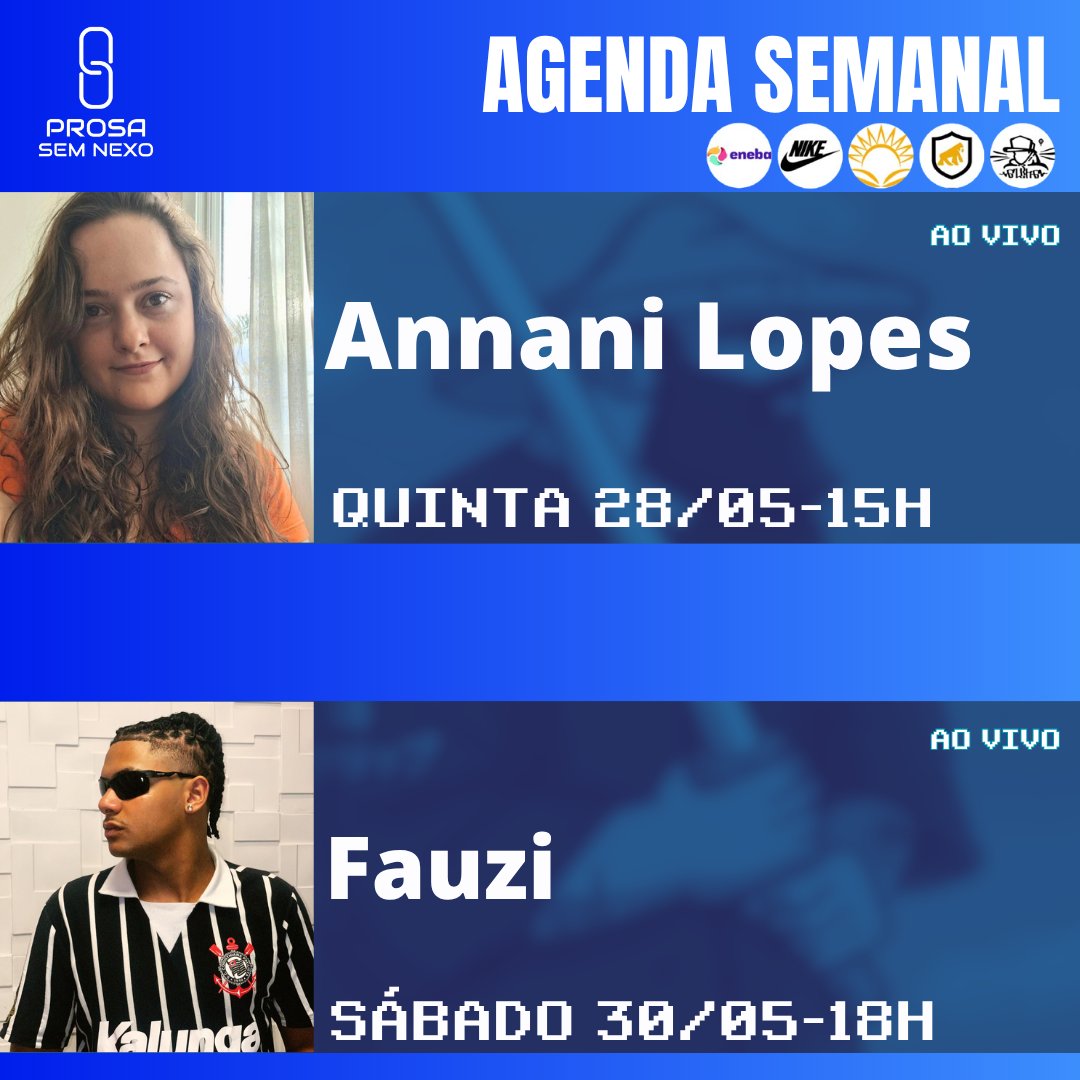 ProsaSemNexo's tweet photo. AGENDA SEMANAL 🙌

QUINTA 28/05-15H: annanilopes
SÁBADO 30/05-18H: fauzidalevada

Deus tá na GANG
Fica rico e sonegar imposto https://t.co/ojxgn4fnWV