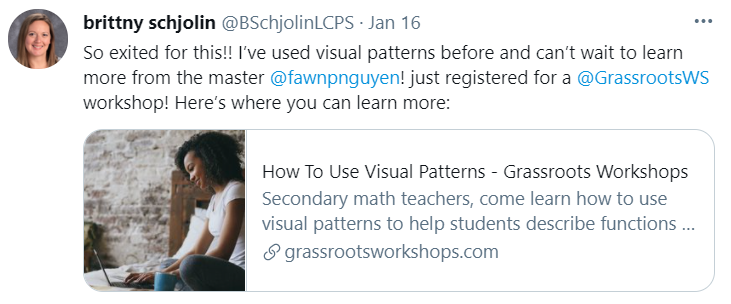 GrassrootsWS's tweet photo. Here's what Brittny had to say about Fawn Nguyen's (@fawnpnguyen) How To Use Visual Patterns mini workshop on Grassroots Workshops.

You can check it out and register at https://t.co/bQylwh3PWa https://t.co/IYxspnV1tQ