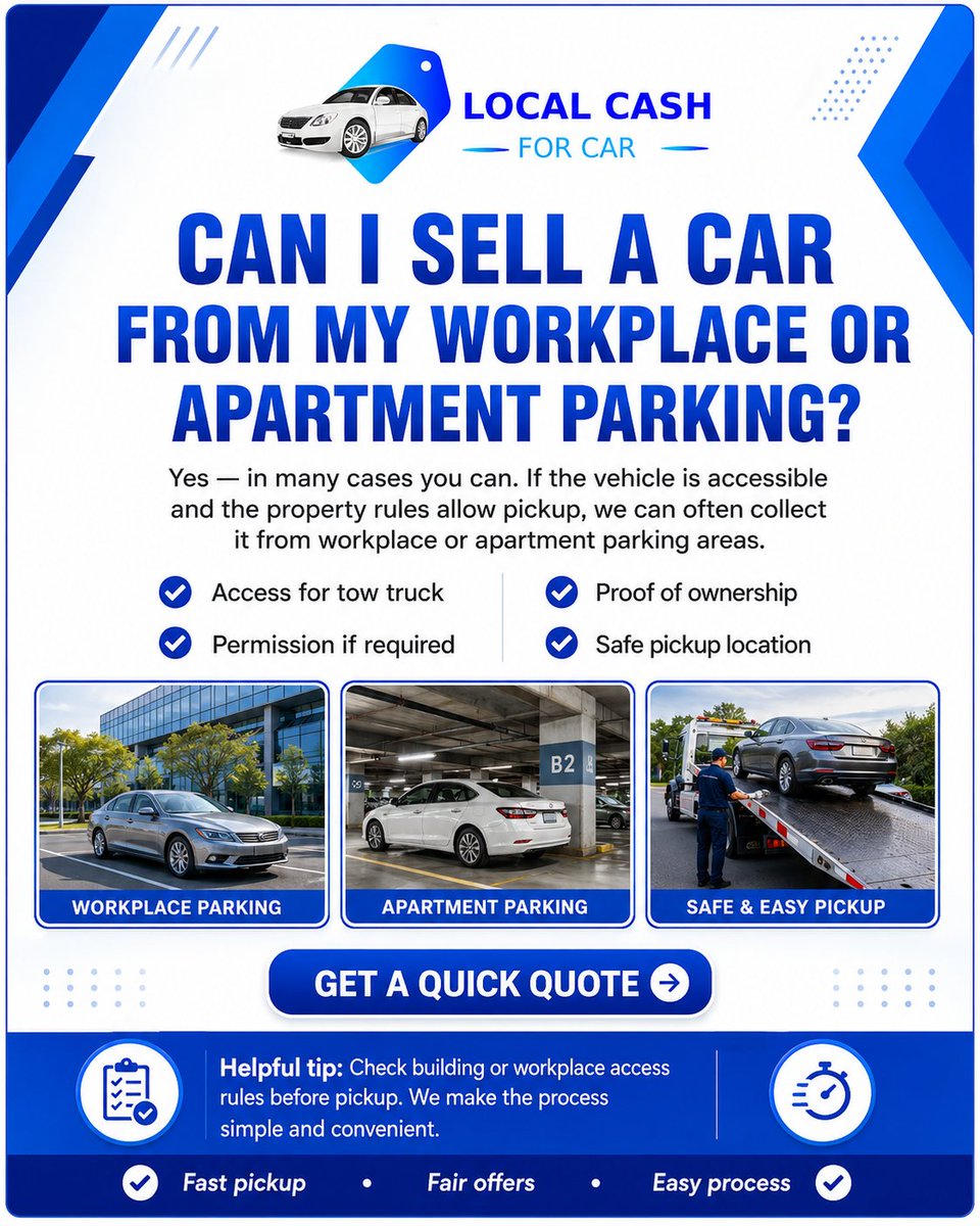 LocalCashForCar's tweet photo. Can I sell a car from workplace or apartment parking?

Yes, in many cases.

Just check:
• Tow truck access
• Permission if required
• Proof of ownership
• Safe pickup location
If the car can be reached safely, pickup is usually simple.
#CarRemoval #SellMyCar https://t.co/sw41EazreA