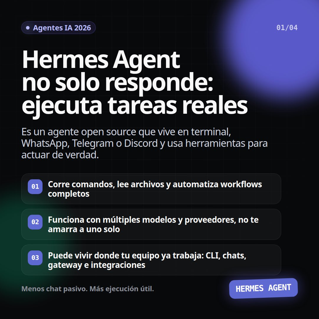 DojoFullStack's tweet photo. Hermes Agent está cambiando la forma en que trabajamos con IA:
ya no hablamos de simples chatbots, sino de agentes capaces de ejecutar tareas, usar herramientas, recordar contexto y automatizar procesos completos.

#hermes #ai #claude #agent https://t.co/o4NxYGKhB5