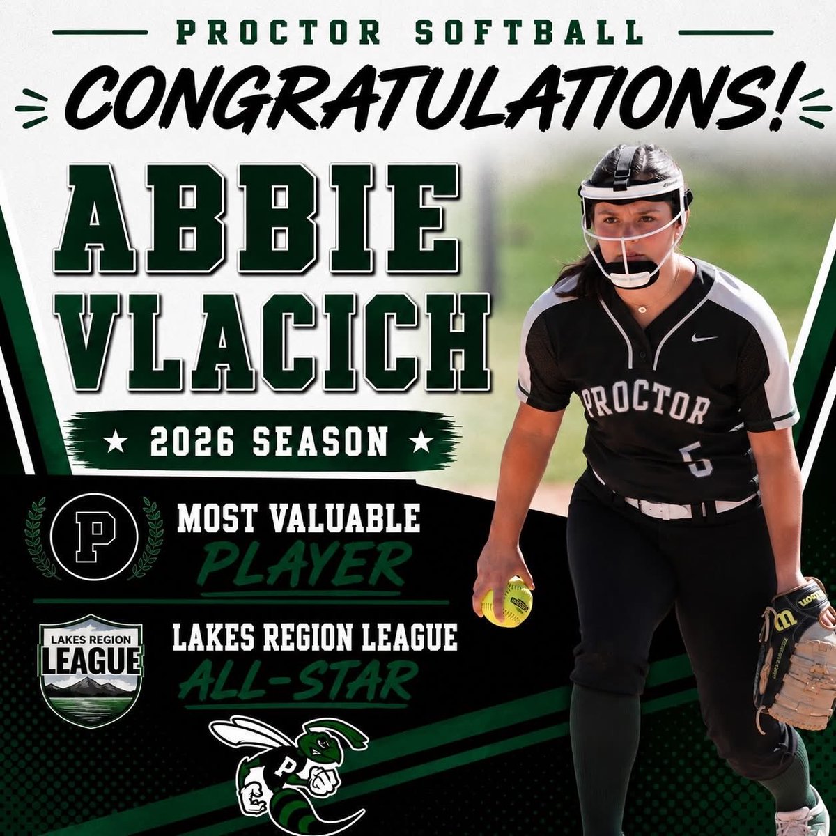 SoftballProctor's tweet photo. Congrats to Sierra Jean, Molly Stone on being named a Marvin Award recipient and Lakes Region League All-Star, and Abbie Vlacich on earning MVP honors and Lakes Region League All-Star recognition. Looking ahead to 2027, congratulations to captains Caroline Dove &amp; @abbievlacich28. https://t.co/bLWsjpV4OV