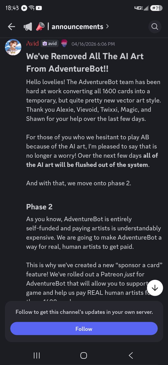 Kat9824's tweet photo. This was you just a month ago and nobody was publicly attacking you for the AI Art that had been in YOU'RE Bot for the server. Do not attack a man before he's had time to make a statement. https://t.co/W8GII3VmPb