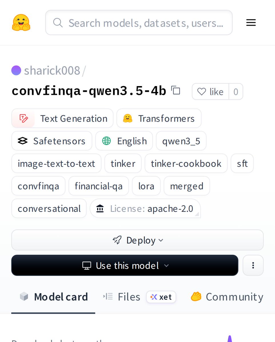 HuggingModels's tweet photo. Meet the new financial QA powerhouse: convfinqa-qwen3.5-4b. It's a text generation model fine-tuned to answer complex financial questions with precision. Perfect for analysts, traders, or anyone who needs quick, reliable answers from financial data. https://t.co/DG2T8Ck4B3