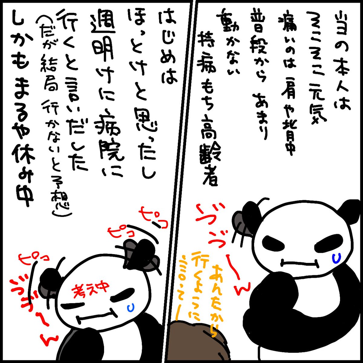 chacharinku's tweet photo. トイレ行けるし動いてっていったら動けるし、普段から定期受診（循環器以外の内科）してるし、なんなら病院嫌いで定期受診以外では行きたがらない

自分の知識も当てにならない
救急車呼ぶかどうか、迷ったら#7119に聞いてみるとよいの🐼

#最近のうちら 　#まるやぱんだ 　#日常漫画 　#迷ったら7119 https://t.co/0o84gAAHkQ