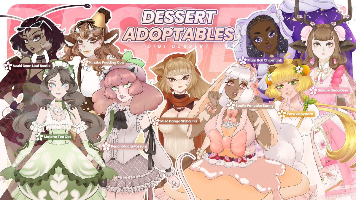 digidessert's tweet photo. ── Dessert Adoptable Series ✨
ft. @DysprosiieVArt 
🫘🍮🍵🍡🐿️🌸🥞🍋

Sweet designs looking for a home! 🩷
Buy now via VGen ($100) OR bid starting at $40 USD on Toyhouse / in the comments! ⬇️

Which dessert is your favorite? 👀
#Adoptables #VTuber #VGen https://t.co/IRr7BlJlMd