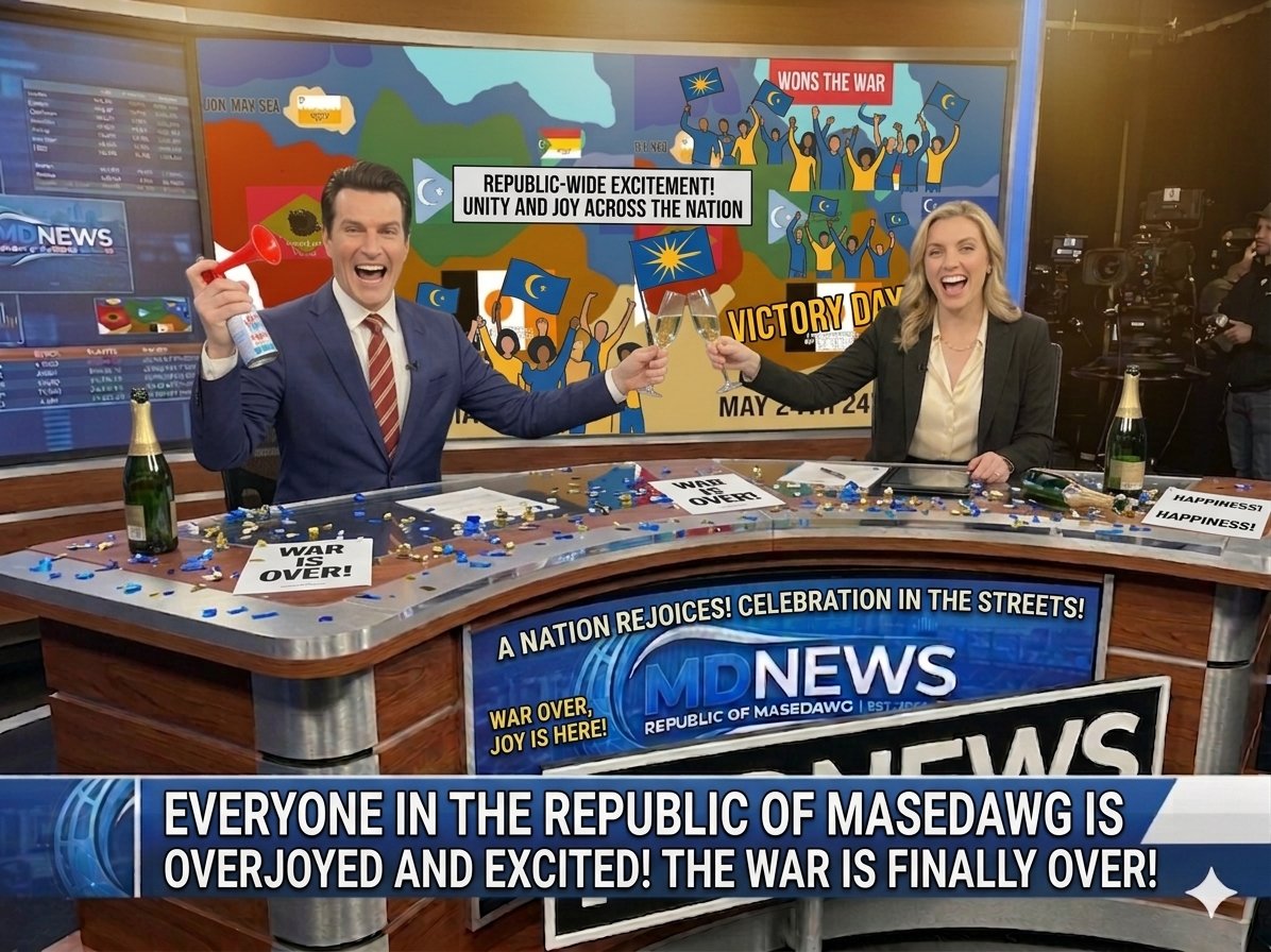 TROMDNEWs's tweet photo. Everyone is jumping up and down that news the Republic of masedawg is no longer in war and is in peace with North Etho. This day will be marked as a national holiday! https://t.co/Y2YRIp3xxP