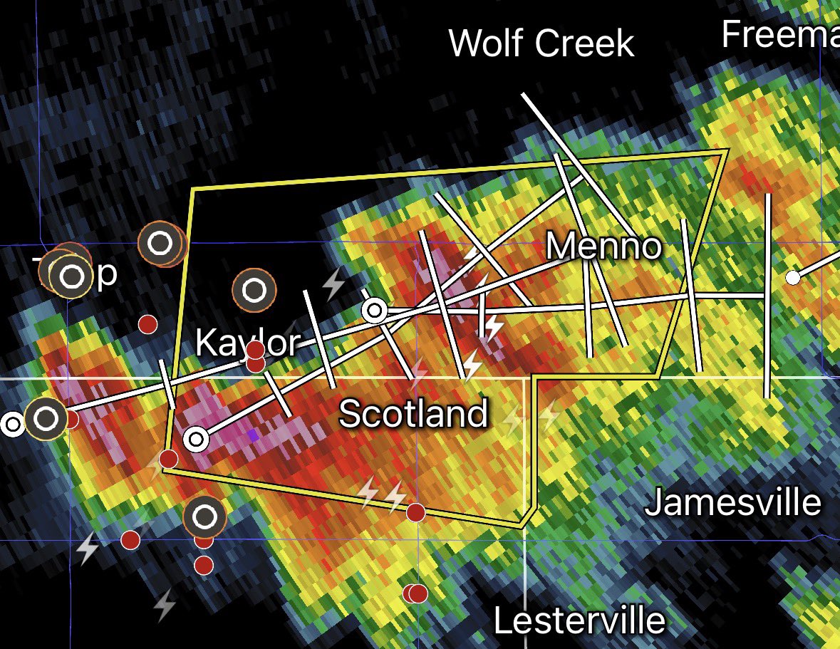TheDamFM's tweet photo. The national weather service has issued a severe thunderstorm warning for Northeastern Bon Homme County and Southwestern Hutchinson County until 6:45. 
This storm includes 60 Mph wind gust &amp; half dollar size hail
*** golf ball size hail has been reported northeast of Tripp.*** https://t.co/ykVsQBesdy