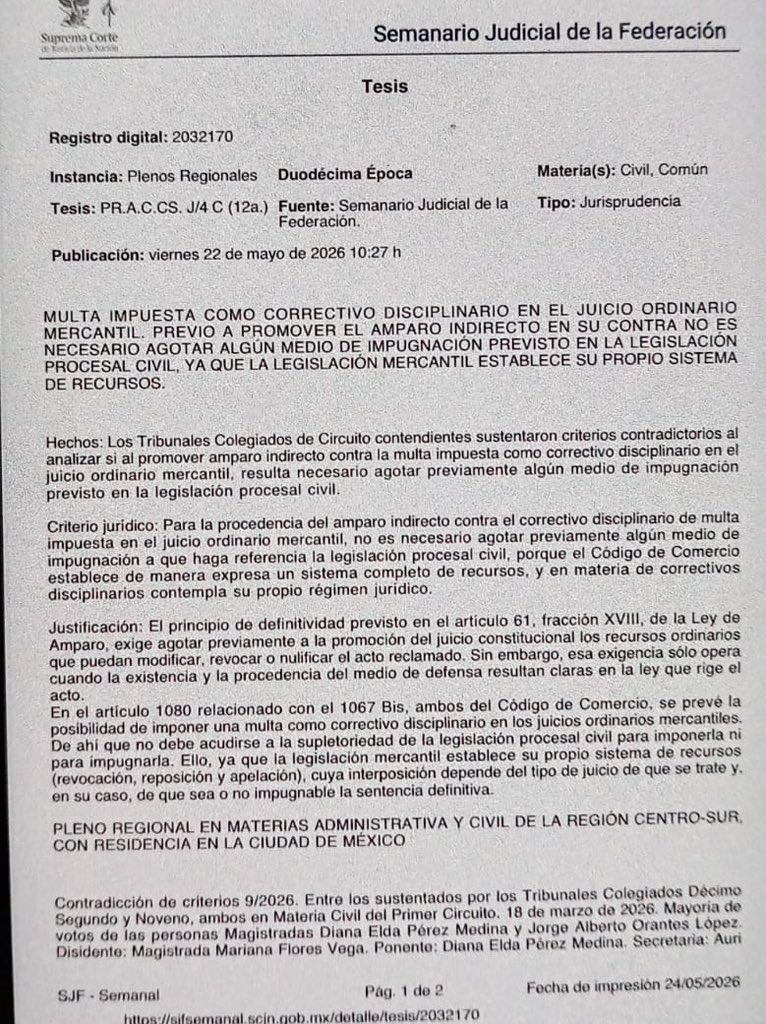 veroosornio's tweet photo. Antes de promover #juiciodeamparo contra el correctivo disciplinario de multa
impuesta en el juicio ordinario mercantil  🚫NO🚫es necesario agotar previamente algún medio de impugnación a que haga referencia la legislación procesal CIVIL, porque el Código de Comercio establece de manera expresa un sistema completo de recursos, y en materia de correctivos disciplinarios prevé su propio régimen jurídico.