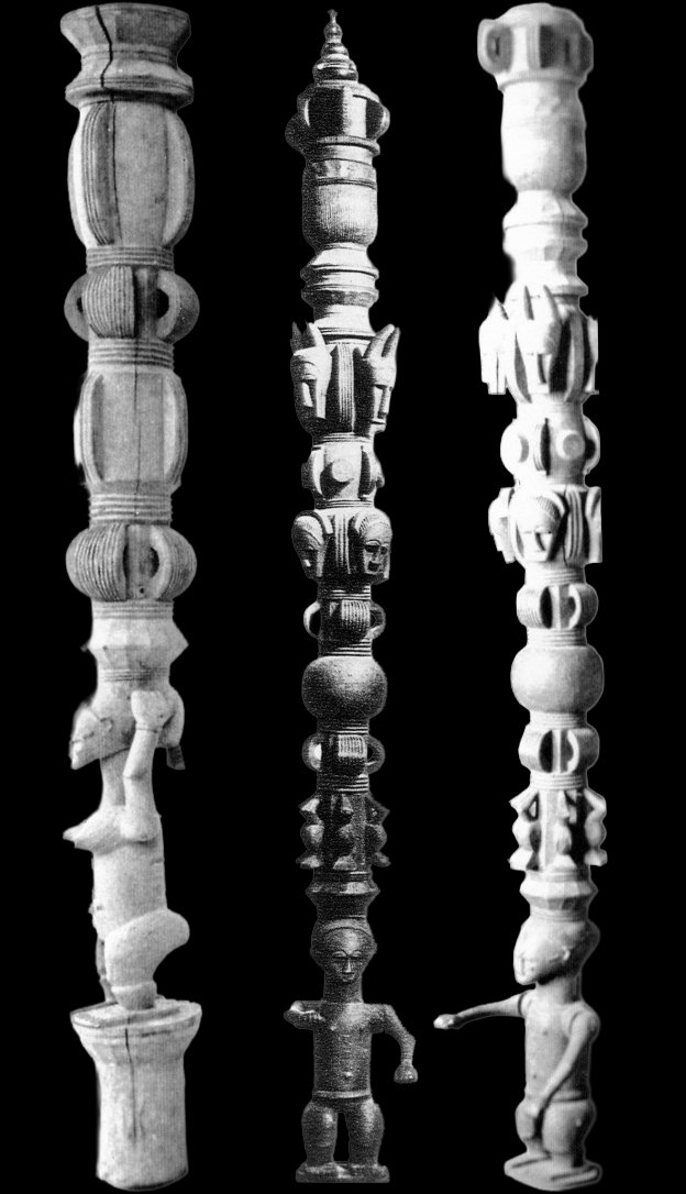 akanspace's tweet photo. Among the Akye, Kyaman, Abouré, Gwa and other nearby peoples, commonly know as "lagoon Akans" there existed a tradition of carving elaborate posts that would stand in the courtyards of houses as a display of wealth and prestige. The posts would often depict the faces of people, animals and stool imagery all supported by anthropomorphic figures at the base.

The posts themselves are reflective of an entire visual language.  Human faces could represent that the owner has a large following or influence over many, or could be representations of the owner or people in their family. Heads of animals represented abundance. Stool and drum shapes represented prestige.
This vertically stacked visual language also extended to other  areas of lagoon Akan art, as seen in Items like decorative canes and fly-whisks.