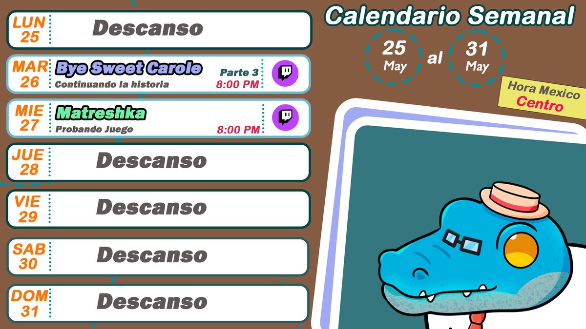 pacraos's tweet photo. 📆 Calendario Semanal Mayo 25 - 31 📆

🔸Continuaremos con el juego de terror de Disney
🔸Jugare una demo de un juego de terror Russsooooo

Nos vemos en Twitch 💜 https://t.co/gzOEqAM3ji
