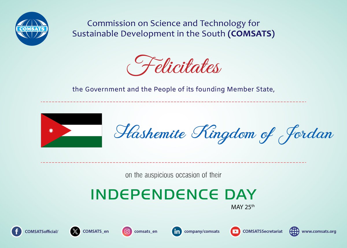 COMSATS_en's tweet photo. Felicitations to Hashemite Kingdom of #Jordan 🇯🇴

@HcstJo
@RSSJor
@PakinJordan
@JorEmbIslamabad
@ZakariaNafees 

#IndependenceDay #COMSATS https://t.co/mmAbM5vEnO